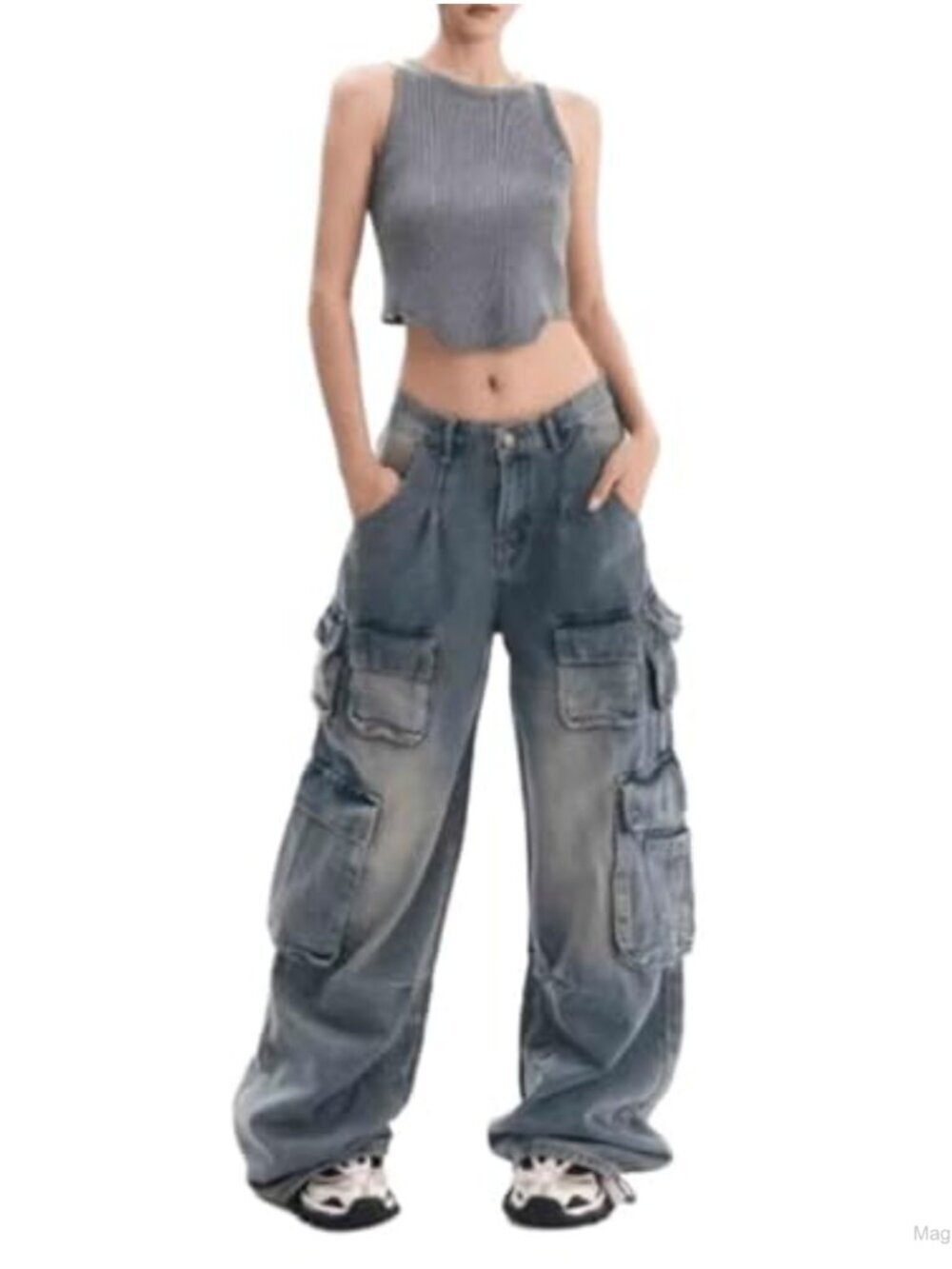 Women's Retro Y2K High Rise Wide Leg Cargo Jeans Multiple Pockets